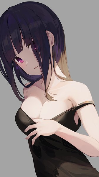 Anime picture 840x1500 with original hiroki (yyqw7151) single tall image looking at viewer blush fringe breasts open mouth light erotic black hair simple background large breasts cleavage upper body blunt bangs head tilt pink eyes hair over one eye grey background
