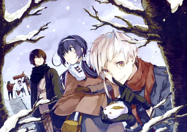 Anime picture 4095x2881 with bungou stray dogs studio bones dazai osamu (bungou stray dogs) nakajima atsushi izumi kyouka (bungou stray dogs) 35 (artist) long hair looking at viewer fringe highres short hair smile hair between eyes brown hair purple eyes twintails yellow eyes payot looking away absurdres