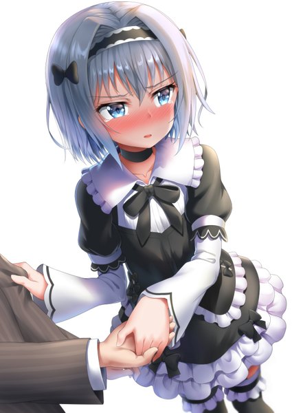 Anime picture 2507x3541 with ryuuou no oshigoto! sora ginko nedia (nedia region) tall image blush fringe highres short hair open mouth blue eyes simple background hair between eyes standing white background payot looking away silver hair embarrassed holding hands solo focus