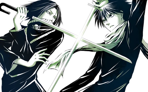 Anime picture 1450x900 with hunter x hunter yu yu hakusho hiei jaganshi feitan yukino (0722) fringe short hair black hair simple background hair between eyes wide image standing white background holding arm up black eyes wide sleeves multiple boys monochrome covered mouth