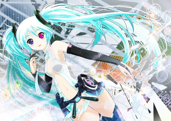 Anime picture 1286x909 with vocaloid vocaloid append hatsune miku hatsune miku (append) twintails green hair heterochromia girl detached sleeves