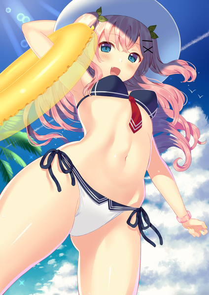 Anime picture 707x1000 with original toujou mina single long hair tall image looking at viewer blush open mouth blue eyes light erotic pink hair sky cloud (clouds) from below fang (fangs) two side up girl swimsuit hat bikini