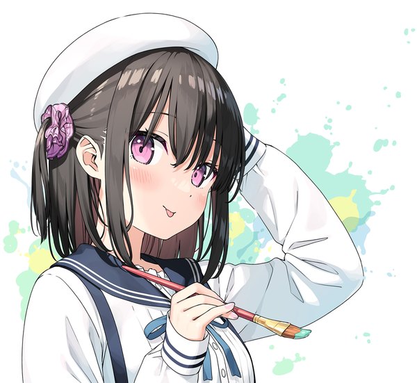 Anime picture 2000x1837 with original shizuku (kantoku) kantoku single looking at viewer blush fringe highres short hair simple background hair between eyes white background holding upper body long sleeves arm up one side up arm behind head :p sailor collar