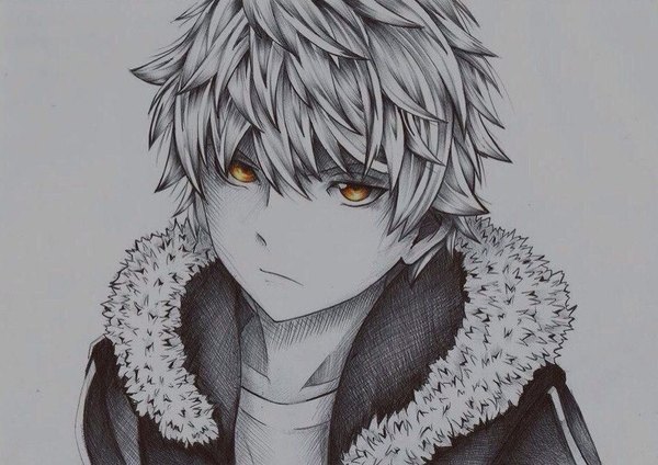Anime picture 945x669 with noragami studio bones yukine (noragami) ri-gia single looking at viewer fringe short hair simple background grey background orange eyes monochrome serious traditional media drawing boy jacket fur hood