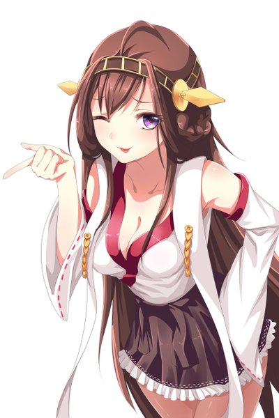Anime picture 3543x5314 with kantai collection kongou battleship mosquito coils single tall image blush fringe highres breasts simple background brown hair large breasts standing white background purple eyes bare shoulders absurdres cleavage ahoge long sleeves