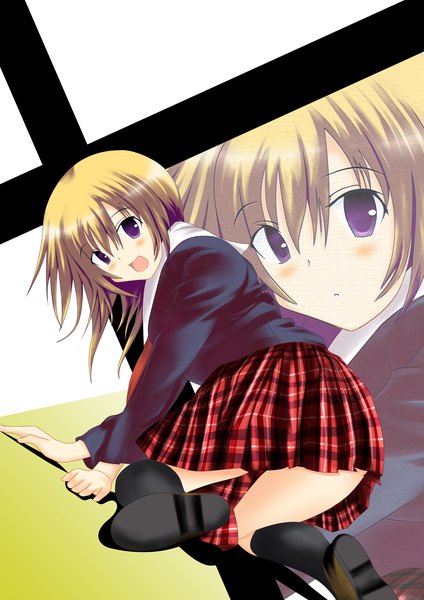 Anime picture 2480x3508 with paradaisukingu tall image blush highres short hair open mouth blonde hair purple eyes looking back zoom layer girl uniform school uniform