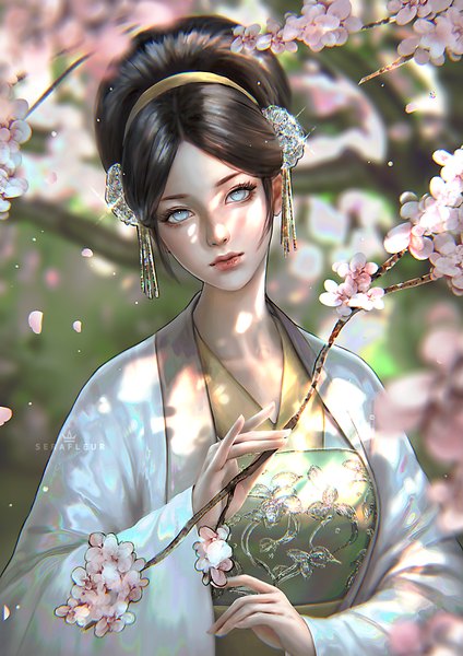 Anime picture 990x1400 with avatar: the last airbender nickelodeon toph beifong abigail diaz single tall image looking at viewer short hair black hair holding upper body outdoors traditional clothes head tilt lips blurry realistic hair bun (hair buns) depth of field cherry blossoms
