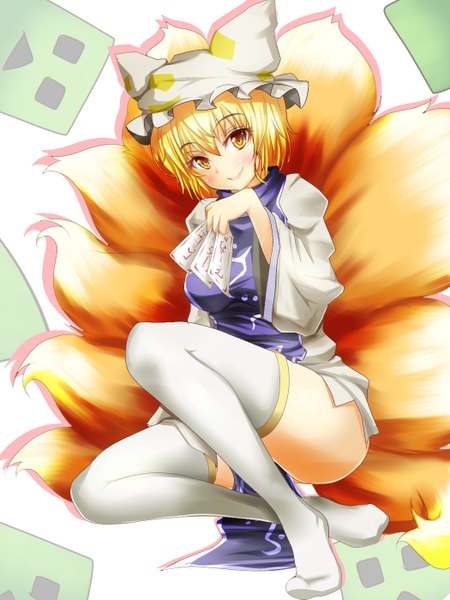 Anime picture 1050x1400 with touhou yakumo ran fukunaga kazuhiro tall image short hair blonde hair smile yellow eyes fox ears fox tail fox girl multiple tails girl thighhighs white thighhighs