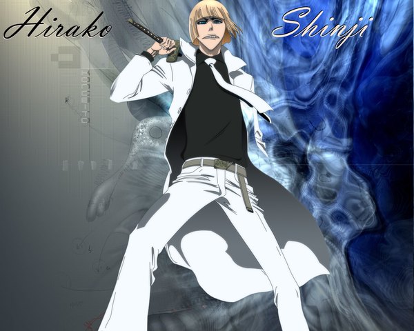 Anime picture 1280x1024 with bleach studio pierrot hirako shinji single fringe short hair blue eyes blonde hair inscription weapon sword necktie pants cloak