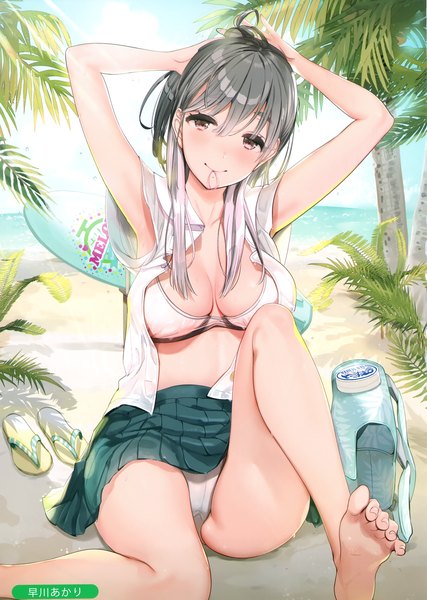 Anime picture 2105x2958 with melonbooks hayakawa akari single long hair tall image looking at viewer blush fringe highres breasts light erotic smile hair between eyes sitting holding brown eyes signed sky cleavage bent knee (knees)