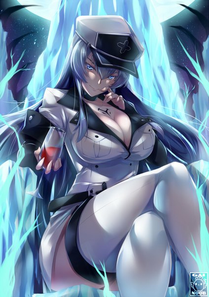 Anime picture 700x990 with akame ga kill! white fox esdeath gainoob single long hair tall image looking at viewer fringe breasts blue eyes light erotic smile hair between eyes large breasts sitting holding signed blue hair cleavage