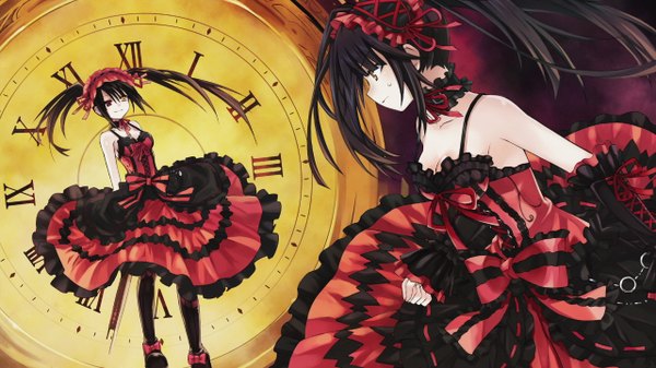 Anime picture 1280x720 with date a live tokisaki kurumi long hair black hair wide image twintails multiple girls game cg heterochromia dual persona uneven twintails girl dress weapon 2 girls detached sleeves frills headdress gun clock