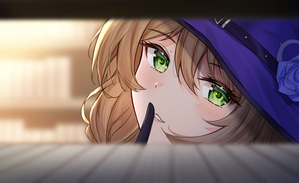 Anime picture 1959x1200 with genshin impact lisa (genshin impact) atychi single looking at viewer fringe highres hair between eyes brown hair wide image green eyes parted lips finger to mouth close-up girl hat