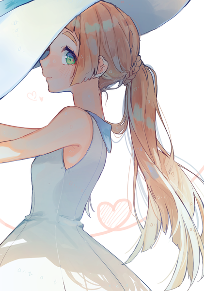 Anime picture 703x1001 with pokemon pokemon sm nintendo lillie (pokemon) nakaba (mode) single long hair tall image looking at viewer simple background blonde hair smile white background bare shoulders green eyes upper body ponytail profile sleeveless heart of string