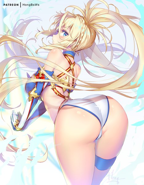 Anime picture 780x1000 with fate (series) fate/grand order bradamante (fate/grand order) hong (white spider) single long hair tall image looking at viewer blush fringe breasts blue eyes light erotic blonde hair simple background standing twintails bare shoulders signed payot