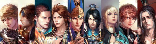 Anime picture 2000x570 with shin sangoku musou wang yuanji zhong hui sima zhao sima yi sima shi shitsu soku k long hair short hair blue eyes black hair blonde hair brown hair wide image purple hair profile realistic group multiview everyone