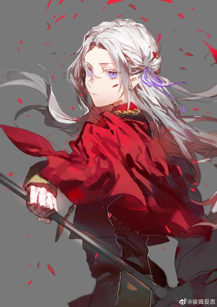 Anime picture 1024x1448 with fire emblem fire emblem: three houses nintendo edelgard von hresvelg min (120716) single long hair tall image looking at viewer simple background purple eyes holding signed silver hair wind grey background turning head girl gloves uniform