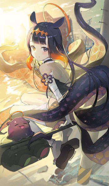 Anime picture 1802x3076 with virtual youtuber hololive hololive english ninomae ina'nis ninomae ina'nis (1st costume) takodachi (ninomae ina'nis) soyoong jun single long hair tall image blush fringe highres black hair smile sitting signed animal ears outdoors blunt bangs