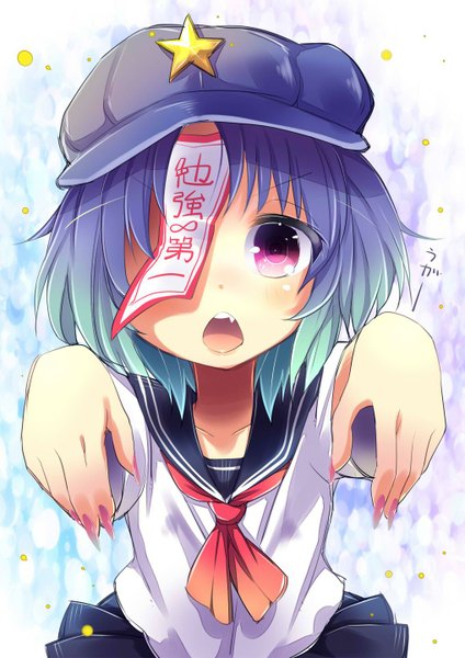 Anime picture 1018x1440 with touhou miyako yoshika uta (kuroneko) single tall image looking at viewer blush short hair open mouth blue hair nail polish pink eyes fingernails teeth fang (fangs) alternate costume long fingernails girl uniform serafuku