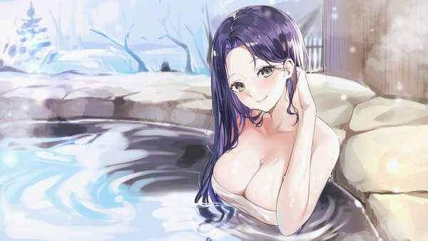Anime picture 3000x1688 with original lillly single long hair looking at viewer blush highres breasts light erotic smile wide image large breasts green eyes cleavage upper body outdoors head tilt wet partially submerged adjusting hair