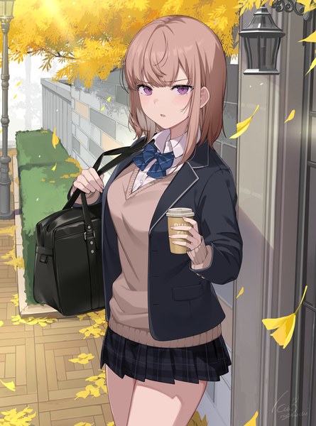 Anime picture 2756x3720 with original ikomochi single tall image looking at viewer blush fringe highres short hair open mouth brown hair standing holding outdoors blunt bangs long sleeves pleated skirt pink eyes open clothes sleeves past wrists