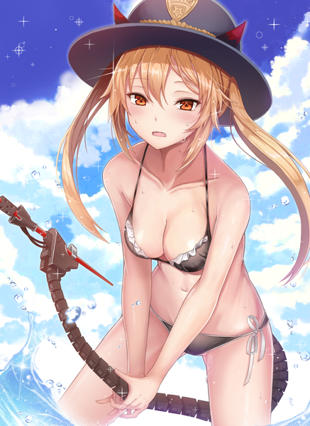Anime picture 800x1097 with girls frontline m870 (girls frontline) heifetz single long hair tall image looking at viewer blush fringe breasts open mouth light erotic blonde hair hair between eyes red eyes twintails holding payot sky cleavage