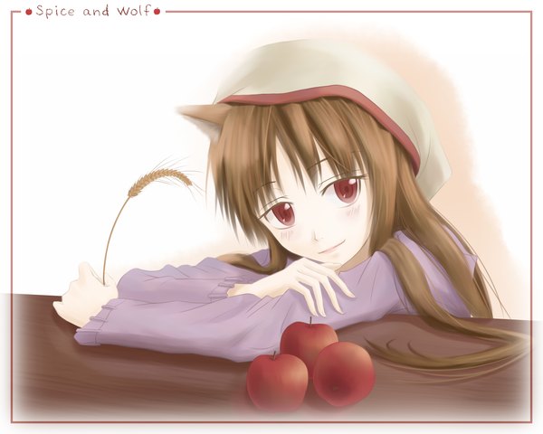 Anime picture 1280x1024 with spice and wolf horo long hair blush red eyes brown hair animal ears wolf ears wolf girl girl hat apple