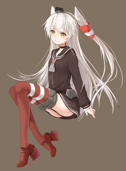 Anime picture 1592x2151 with kantai collection amatsukaze destroyer transistor (poppy) single long hair tall image looking at viewer yellow eyes white hair grey background loli two side up girl thighhighs hat hair tubes sailor suit mini hat mini top hat
