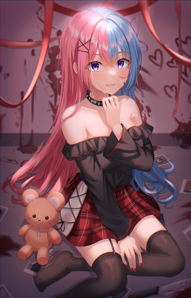 Anime picture 2570x4000 with original sarin (seoling) single long hair tall image looking at viewer blush fringe highres breasts hair between eyes sitting purple eyes bare shoulders pink hair indoors long sleeves multicolored hair off shoulder aqua hair