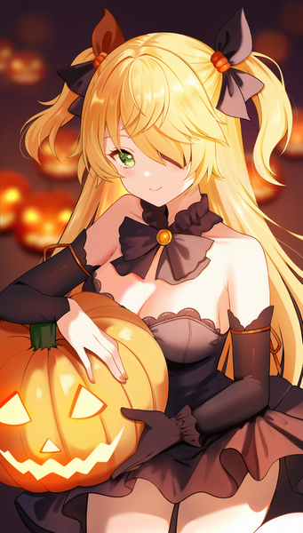 Anime picture 1043x1834 with genshin impact fischl (genshin impact) nasii single long hair tall image looking at viewer blush fringe breasts light erotic blonde hair smile bare shoulders green eyes nail polish hair over one eye two side up alternate costume dark background