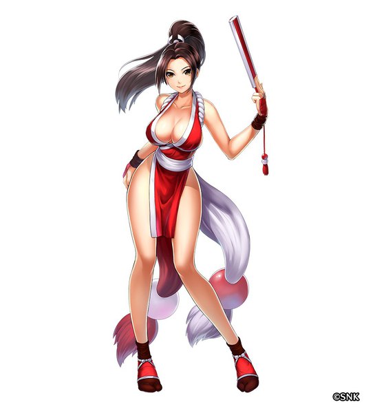 Anime picture 1000x1100 with the king of fighters fatal fury valkyrie connect snk shiranui mai tagme (artist) single long hair tall image looking at viewer breasts light erotic simple background brown hair large breasts standing white background brown eyes full body ponytail