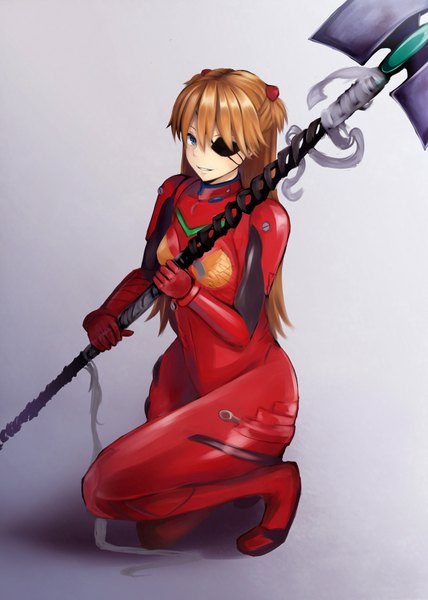 Anime picture 1250x1750 with neon genesis evangelion rebuild of evangelion evangelion: 2.0 you can (not) advance gainax shikinami asuka langley irohara single long hair tall image looking at viewer blue eyes simple background blonde hair smile sitting holding midriff soft beauty girl weapon