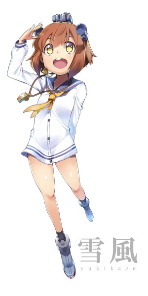 Anime picture 600x1200 with kantai collection yukikaze destroyer yuuzii single tall image blush fringe short hair open mouth simple background brown hair white background yellow eyes character names looking up salute girl uniform serafuku whistle