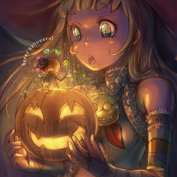 Anime picture 800x800 with original nukomasu long hair fringe open mouth blonde hair holding green eyes looking away upper body inscription :o sparkle sleeveless symbol-shaped pupils eyebrows halloween glow surprised happy halloween
