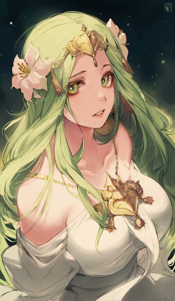 Anime picture 846x1454 with fire emblem fire emblem: three houses nintendo rhea (fire emblem) velahka single long hair tall image looking at viewer breasts simple background bare shoulders green eyes upper body parted lips hair flower green hair girl flower (flowers)