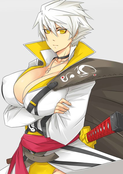 Anime picture 1413x2000 with senran kagura exaxuxer single tall image looking at viewer short hair breasts light erotic simple background yellow eyes cleavage silver hair grey background erect nipples huge breasts covered nipples girl weapon sword choker