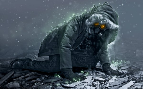 Anime picture 1920x1200 with romantically apocalyptic alexiuss single highres wide image open clothes open jacket kneeling snowing winter snow fog boy gloves plant (plants) jacket fur hood gas mask