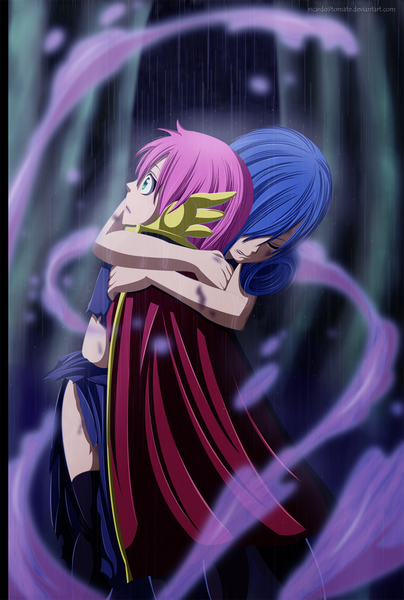 Anime picture 1000x1485 with fairy tail juvia lockser meredy (fairy tail) ric9duran long hair tall image fringe short hair multiple girls green eyes blue hair pink hair eyes closed profile hair over one eye hug torn clothes coloring smoke rain