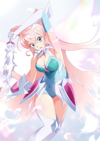 Anime picture 708x1000 with senki zesshou symphogear satelight maria cadenzavuna eve rikopin single long hair tall image fringe breasts light erotic hair between eyes pink hair cleavage aqua eyes armpit (armpits) covered navel looking down girl gloves elbow gloves