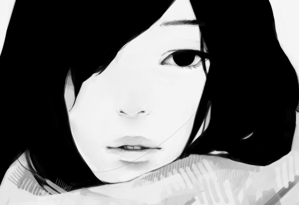 Anime picture 1200x826 with original tae (artist) single fringe parted lips lips hair over one eye monochrome close-up face girl scarf