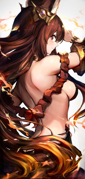 Anime picture 858x1800 with granblue fantasy anthuria watao single long hair tall image looking at viewer blush fringe breasts light erotic hair between eyes brown hair large breasts standing holding brown eyes animal ears ass profile