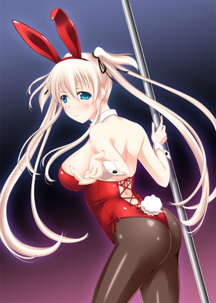 Anime picture 1072x1500 with mabinogi nao (mabinogi) umitsubame single long hair tall image looking at viewer blush breasts blue eyes light erotic simple background blonde hair large breasts twintails bare shoulders animal ears cleavage ass tail