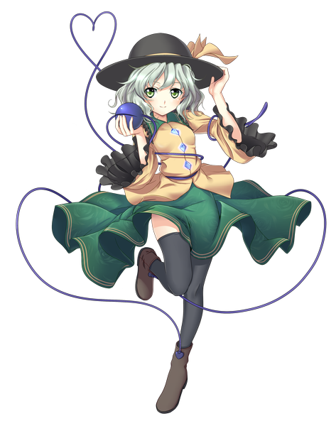 Anime picture 2747x3485 with touhou komeiji koishi kimitoshiin single tall image looking at viewer blush highres short hair smile green eyes grey hair transparent background girl thighhighs black thighhighs hat boots