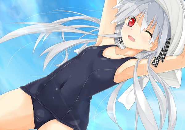 Anime picture 1280x900 with original kitsune (scaz) single long hair blush open mouth light erotic red eyes twintails silver hair one eye closed wink ;d girl swimsuit one-piece swimsuit school swimsuit