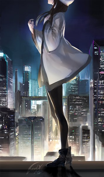 Anime picture 473x800 with original luen kulo single long hair tall image black hair standing signed profile night wide sleeves night sky city cityscape head out of frame city lights girl pantyhose shoes black pantyhose