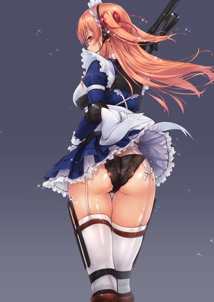 Anime picture 2150x3036 with original modern combat maid (tori@gununu) tori@gununu single long hair tall image highres light erotic simple background yellow eyes ass profile looking back from behind orange hair grey background sparkle maid two side up shiny skin