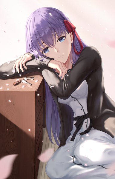 Anime picture 2894x4514 with fate (series) fate/stay night heaven's feel matou sakura tooku0 single long hair tall image looking at viewer fringe highres blue eyes smile hair between eyes sitting purple hair indoors long sleeves head tilt open clothes