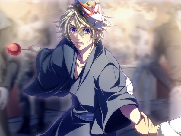 Anime picture 1200x900 with tiger & bunny sunrise (studio) ivan karelin killingrock single short hair open mouth blonde hair purple eyes traditional clothes japanese clothes holding hands mask on head boy food mask candy apple
