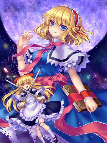 Anime picture 800x1069 with touhou alice margatroid shanghai mirror (xilu4) single long hair tall image looking at viewer fringe short hair blue eyes blonde hair smile red eyes holding dual wielding girl hairband book (books) moon