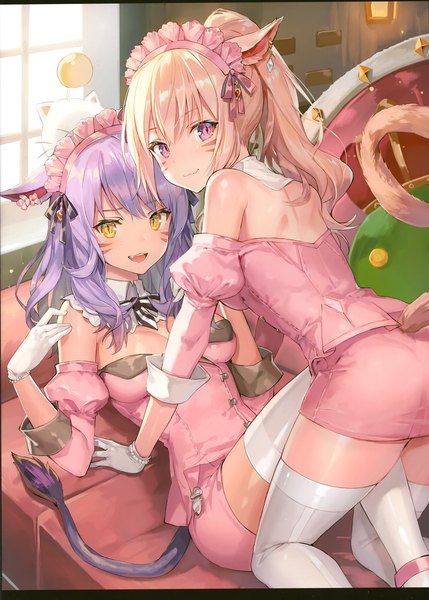 Anime picture 2111x2952 with final fantasy final fantasy xiv square enix miqo'te moogle momoko (momopoco) long hair tall image looking at viewer blush fringe highres breasts open mouth light erotic blonde hair smile hair between eyes purple eyes bare shoulders